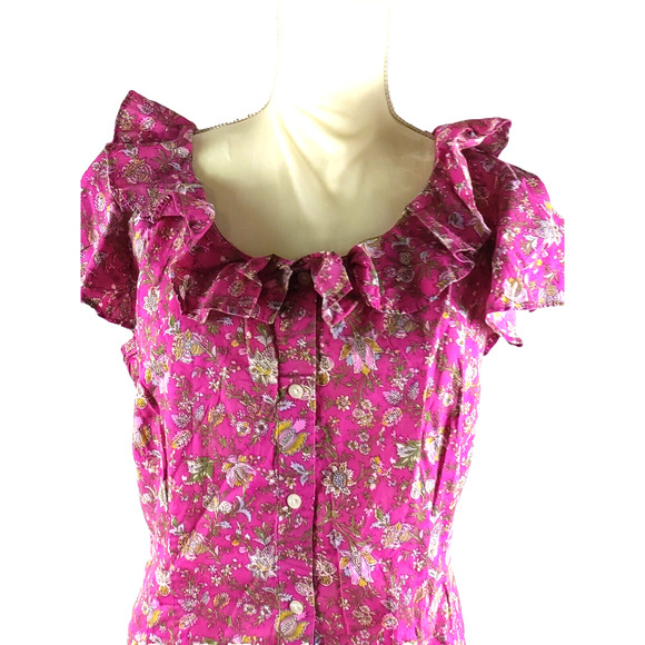 Chaps Women's Shirt Size 14 Dark Pink Flowers Ruffles Boho Hippy Fun - Picture 2 of 6
